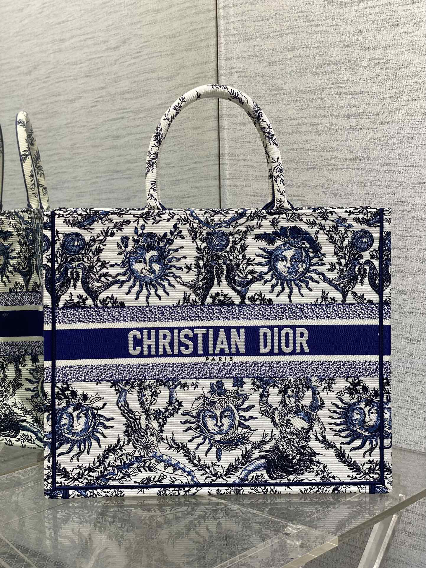 Large Dior Book Tote Bag White and Navy Blue Toile de Jouy Soleil Embroidery